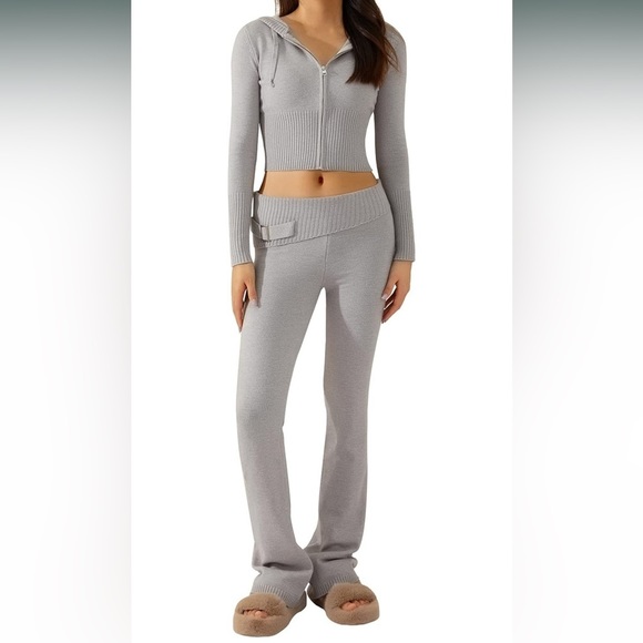 Pants - Women's 2 Piece Outfit Ribbed Knit Sweatsuits Long Sleeve High Waist Flare Set